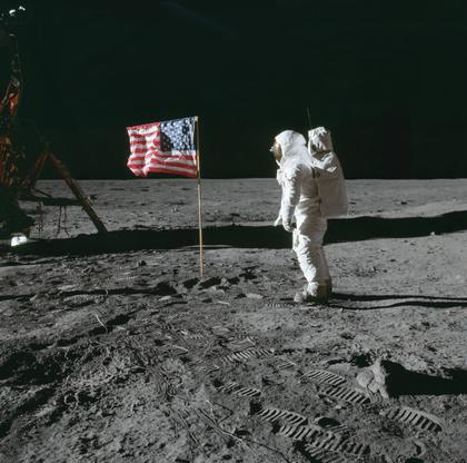 Buzz Aldrin beside the flag at Tranquility Base, 1969.