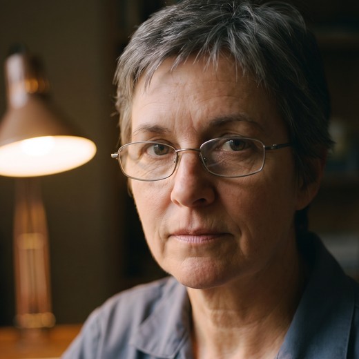 Vera Holcomb at a work bench with a lamp, a loupe and a dark cloth.