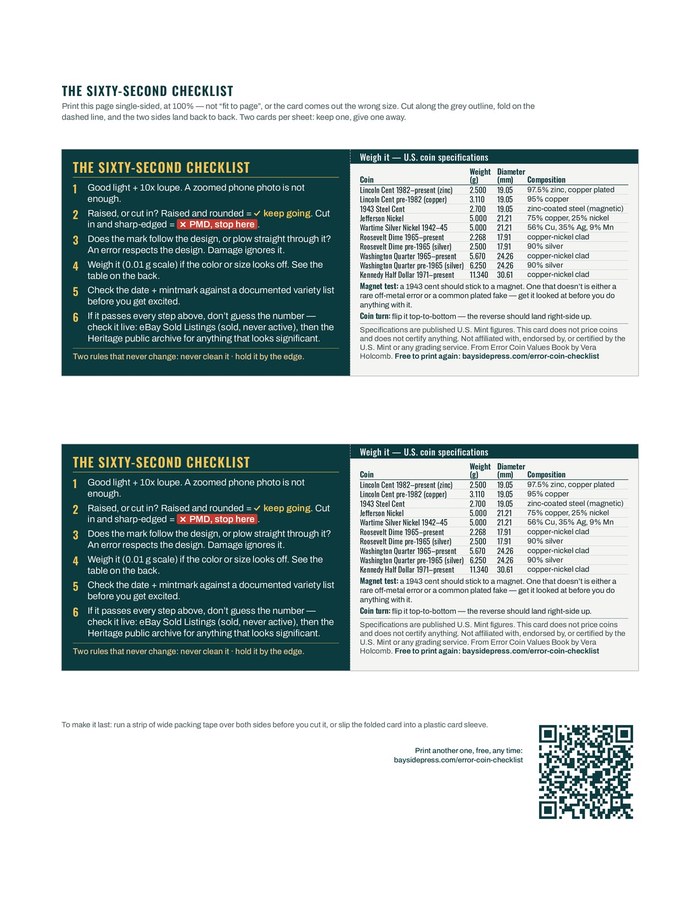 Page one of the PDF: two identical cards on a US Letter sheet, each with a cut line and a fold line.