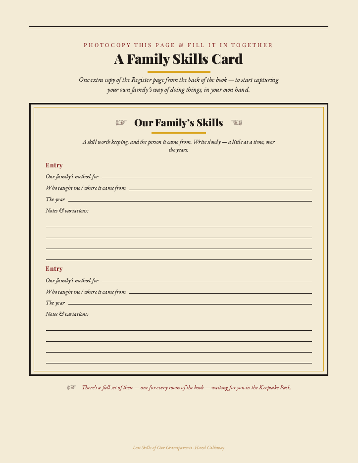The printable Family Skills card