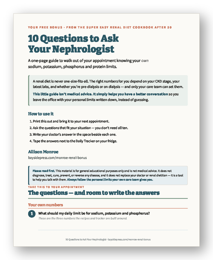 The 10 Questions to Ask Your Nephrologist printable PDF, first page preview