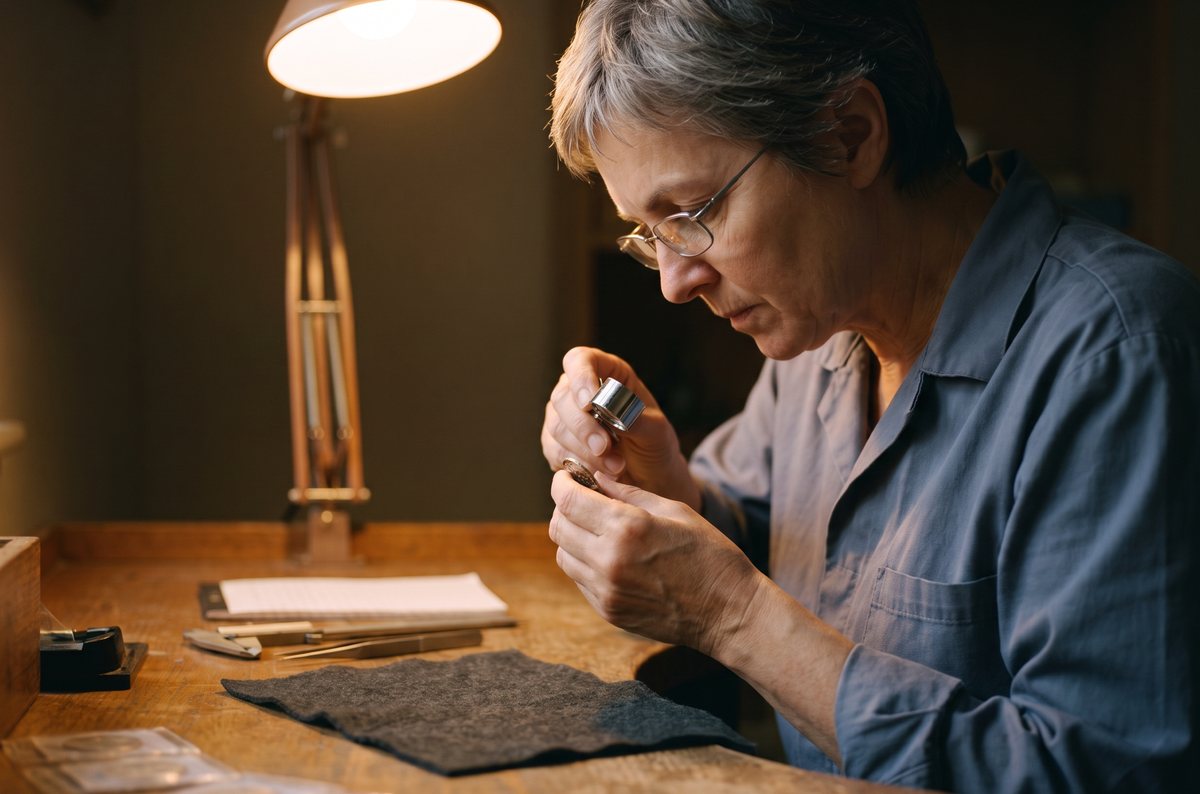 Hands holding a loupe under a desk lamp, over a dark felt cloth.