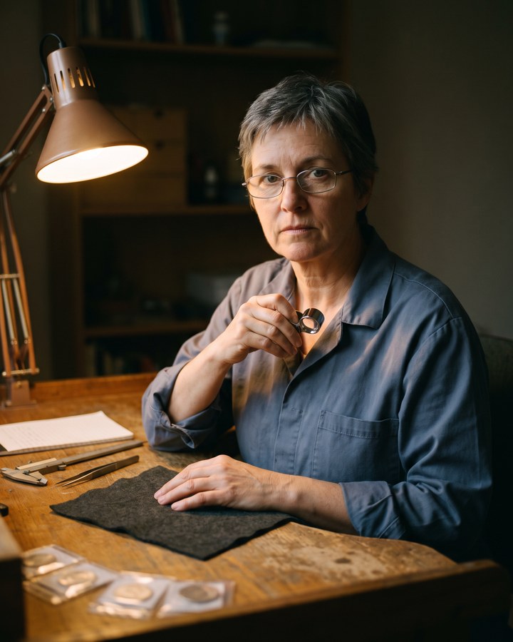 Vera Holcomb at a work bench, a jeweler's loupe held in one hand, a lamp lighting one side of her face.